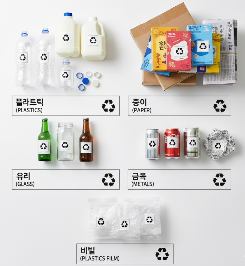 올바른 재활용 분리배출 방법을 보여주는 다양한 재활용품과 분류 표시