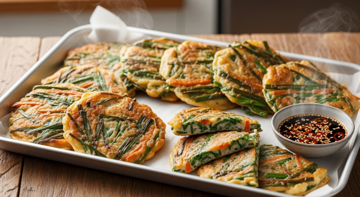 채반 위에 올려진 노릇노릇하고 향긋한 부추전이 먹음직스럽게 놓여 있는 비주얼