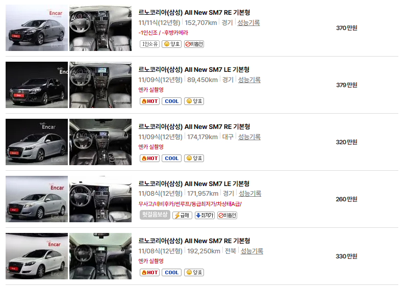 르노코리아 SM7 중고차 가격 시세표 유지비