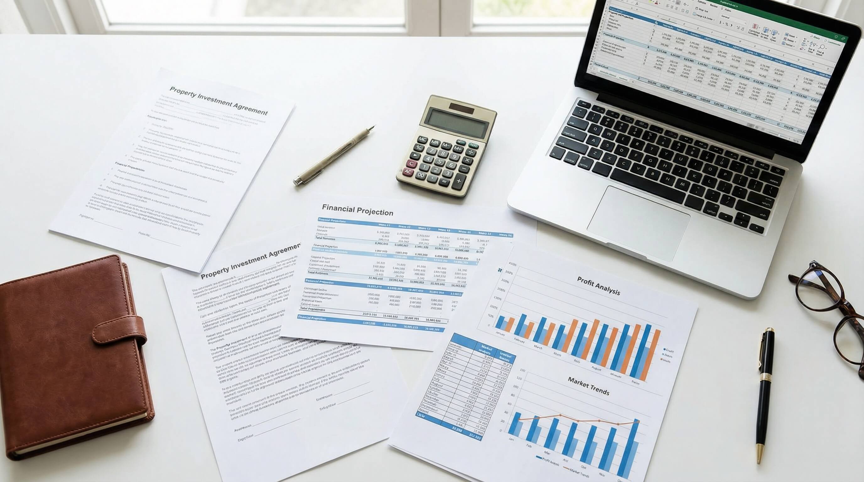 不動産投資の収支計算書とグラフ、電卓とペン、ビジネス資料