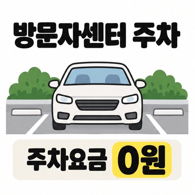 방문자센터 주차 제목 아래 주차된 자동차와 주차요금 0원을 크게 표시한 안내