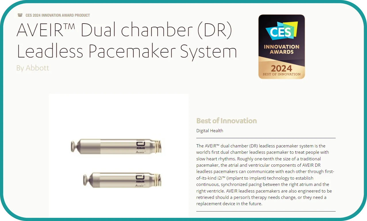 Abbott - AVEIR Dual Chamcer Leadless Pacemaker System ces2024 최고혁신상