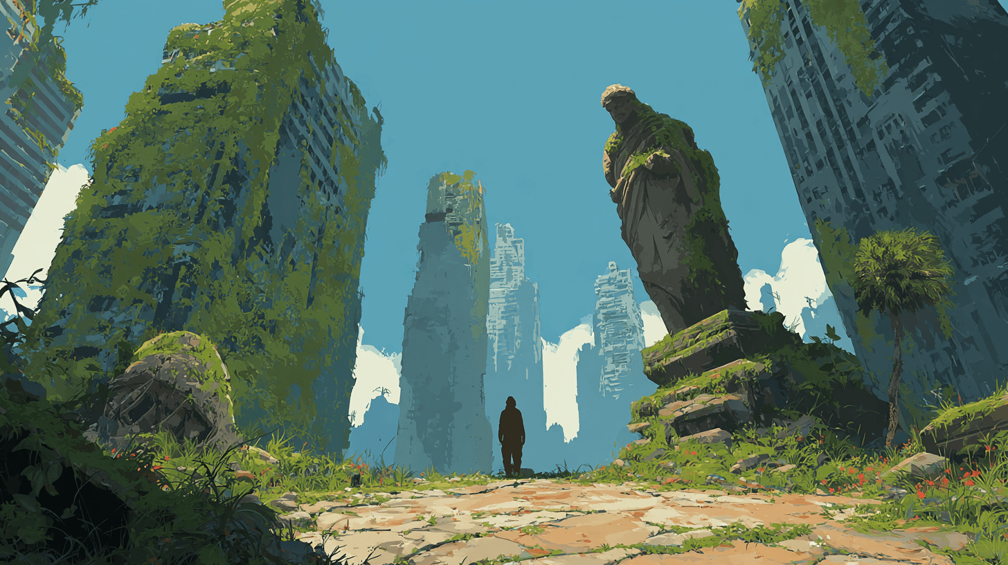 수풀로-둘러쌓인-도시-한가운데-서-있는-사람