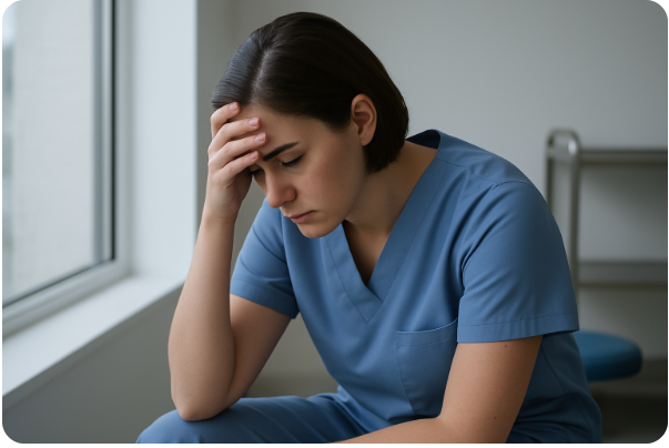 의료 현장에서 우울감에 빠진 간호사 모습