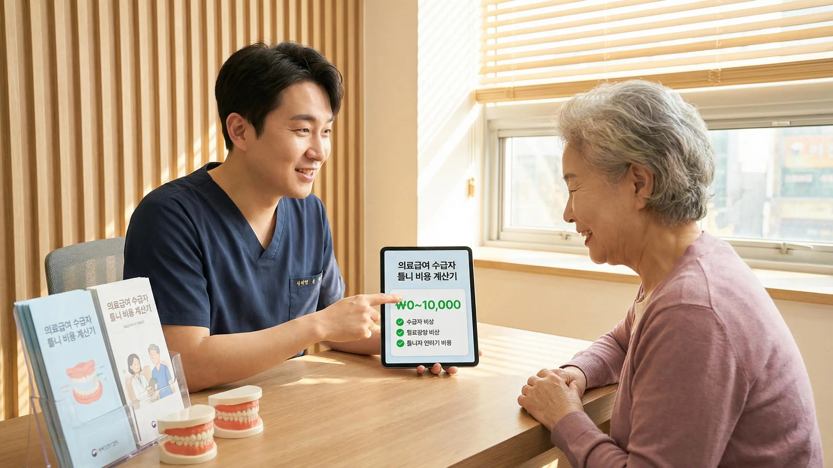 치과 의사가 의료급여 수급자 어르신에게 틀니 비용 계산기를 보여주며 저렴한 가격을 설명하는 모습