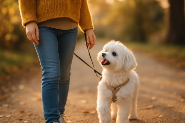 말티즈와 보호자가 산책하며 서로를 바라보고 교감하는 따뜻한 장면의 모습이다.