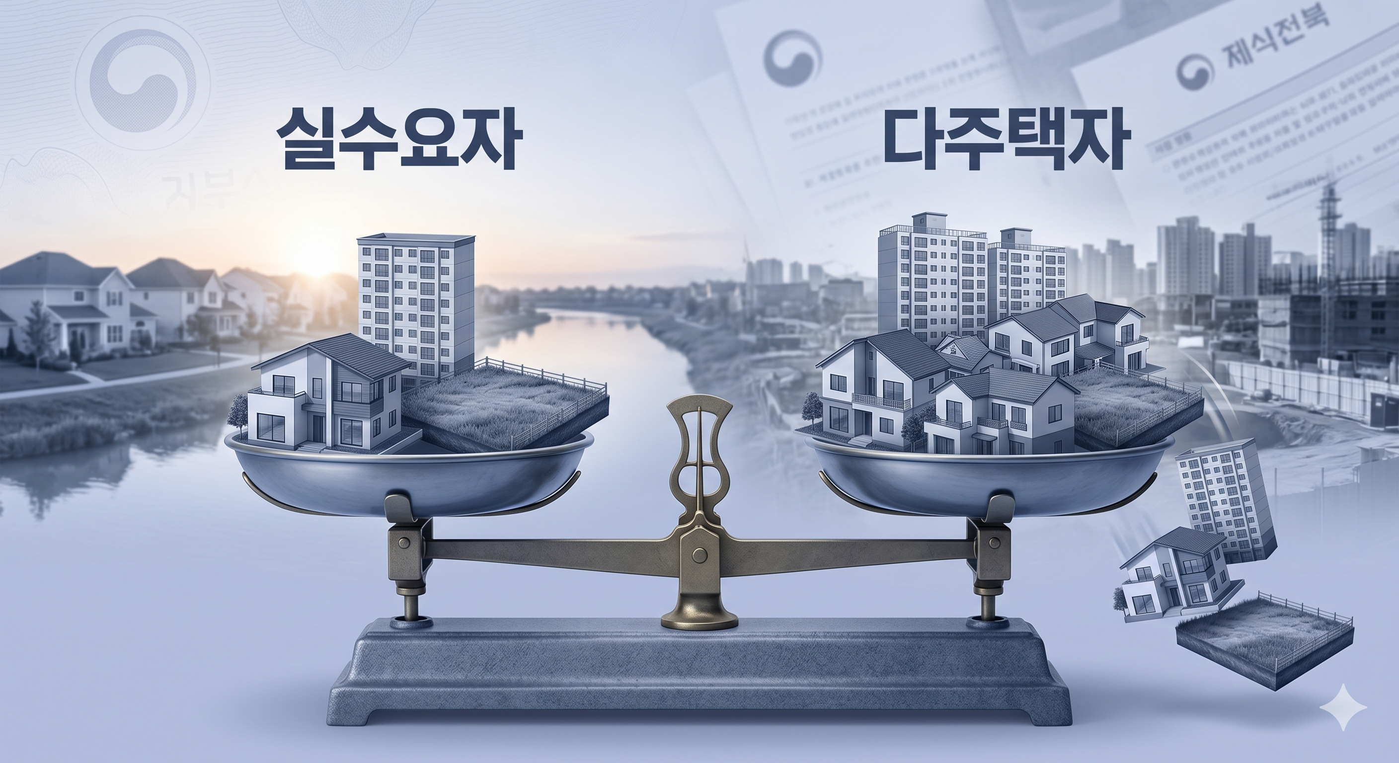 실수요자와 다주택자 등 각 그룹에 따른 부동산 시장의 변화를 나타내는 균형추 이미지