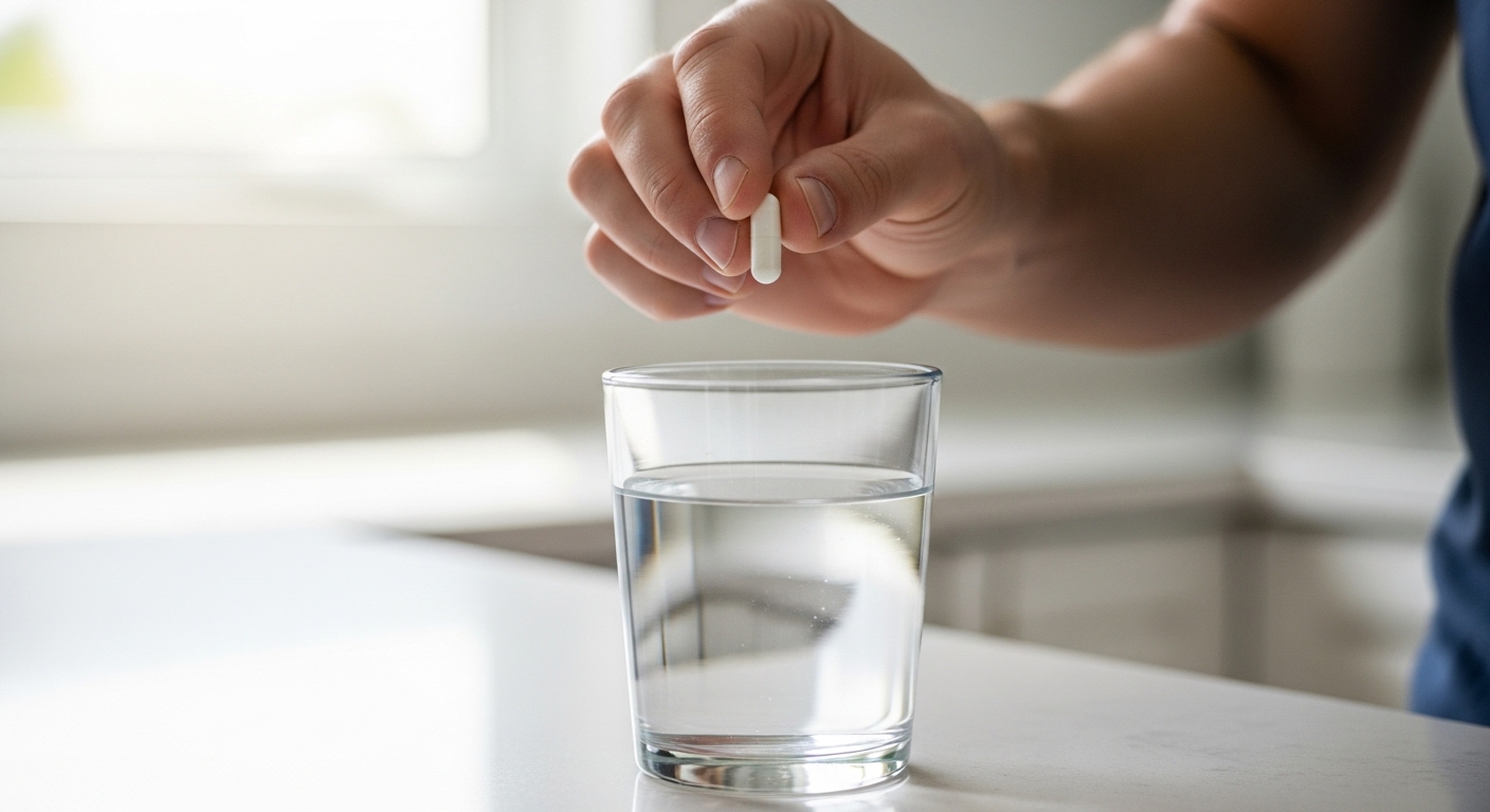 한 남성이 물과 함께 마그네슘 영양제 캡슐을 손에 들고 있는 모습. 건강한 일상 습관을 보여줍니다.