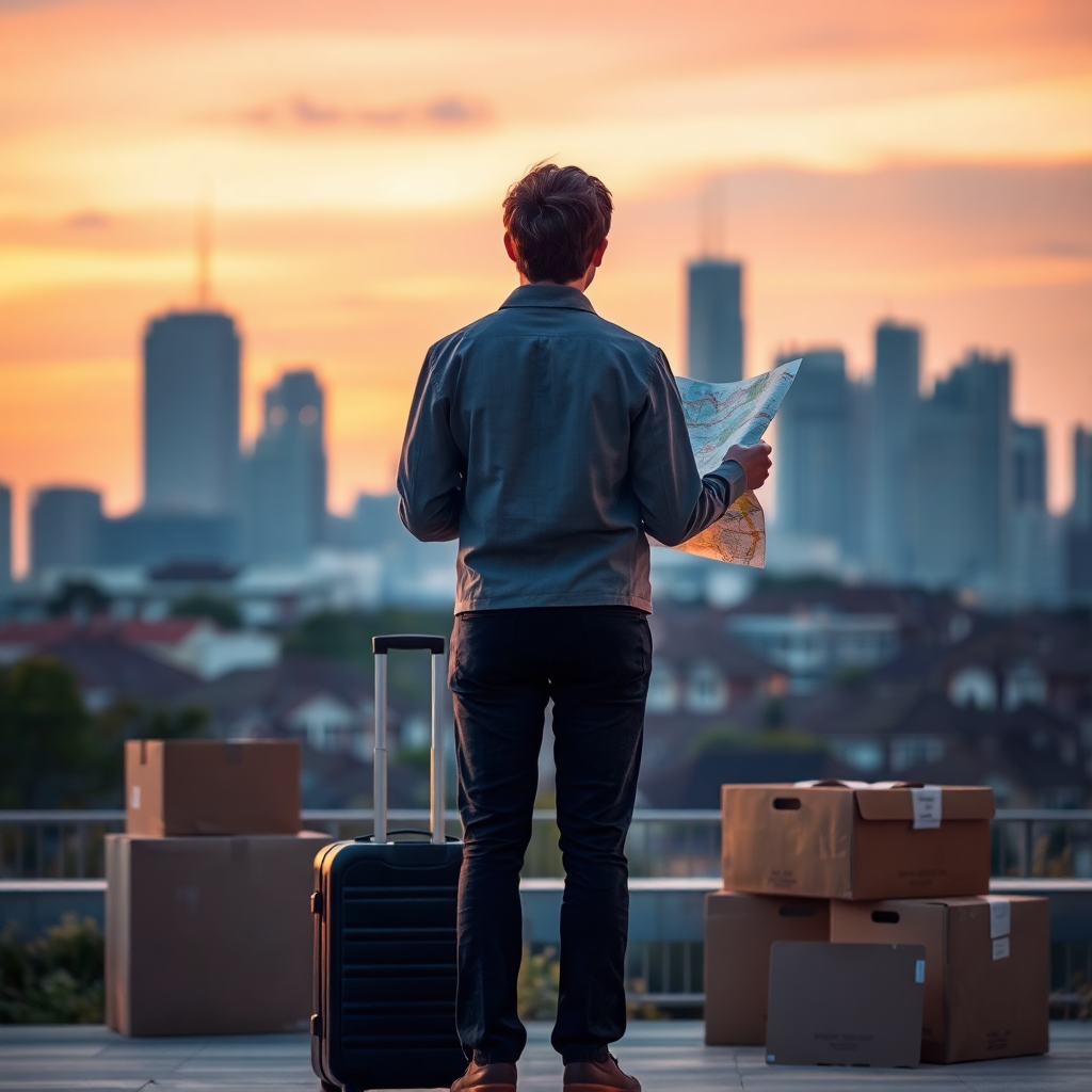 캐리어와 이사 박스 몇 개를 옆에 둔 채, 도시의 스카이라인을 배경으로 지도를 펼쳐보며 생각에 잠긴 젊은 공무원의 뒷모습. 따뜻하면서도 조금은 쓸쓸한 새벽이나 해 질 녘의 분위기.
