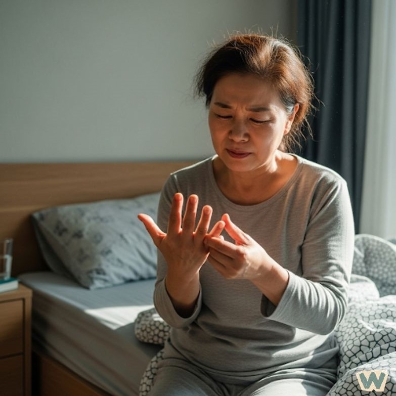 손 저림 염증 증상을 느끼는 중년 여성 via canva