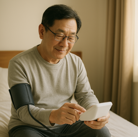 가정에서 혈압계 사용하여 측정하는 모습