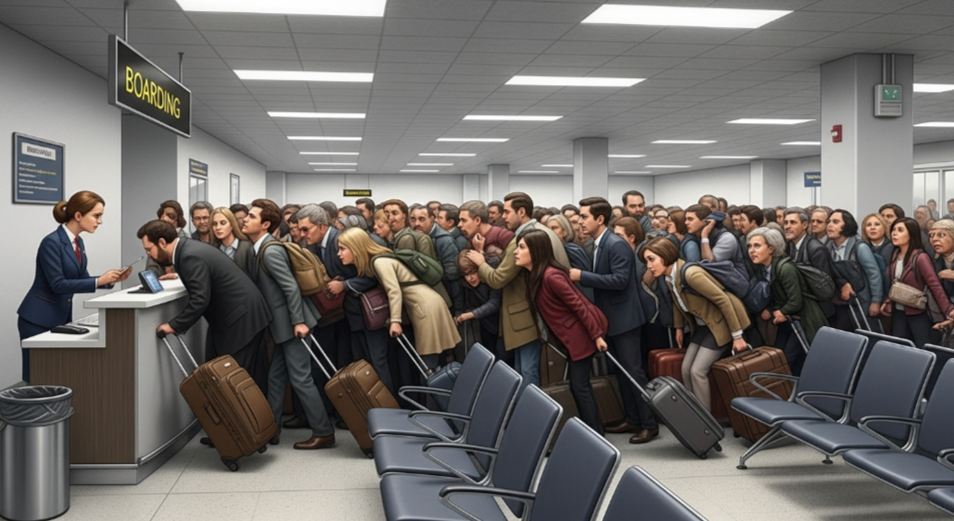 공항 게이트 앞에 몰려드는 승객들, 아직 탑승 시작도 안 했는데 다닥다닥 모여 있는 이미지
