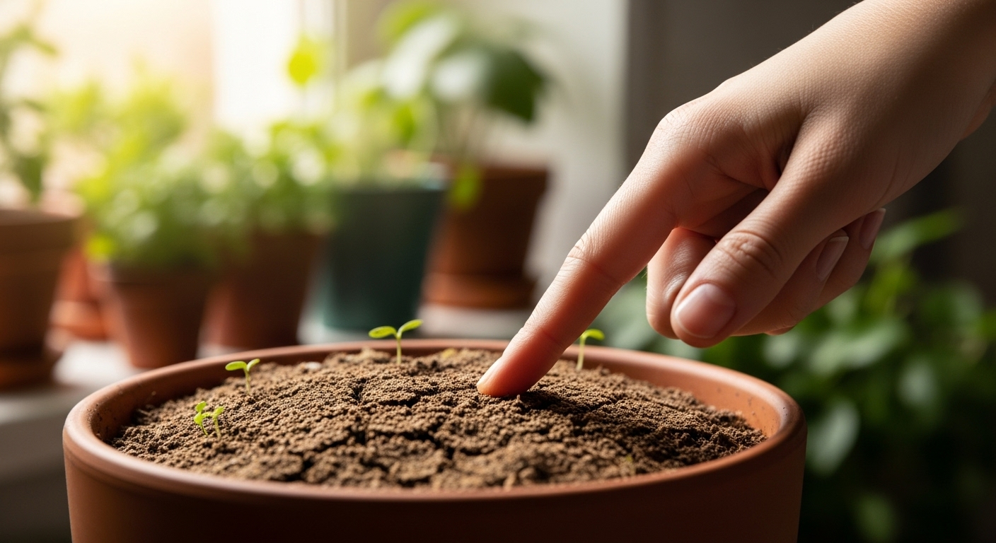 손가락으로 화분 흙을 만져보며 수분 상태를 확인하는 모습 . 식물에게 물을 줄 시기를 판단하는 중요한 행동입니다.