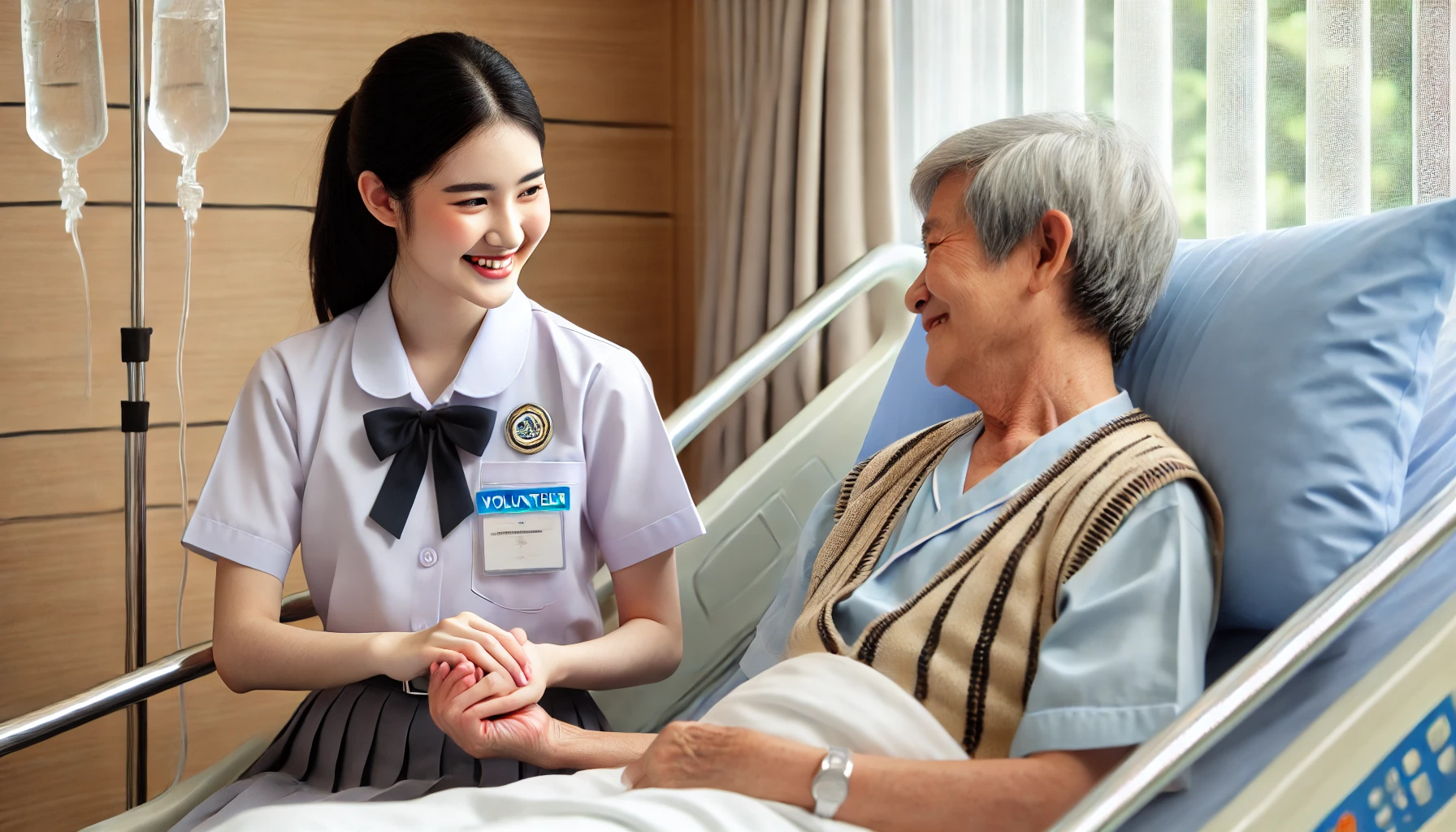 병원에서 봉사활동 중인 고등학생이 노인 환자의 손을 잡고 따뜻하게 교감하는 장면