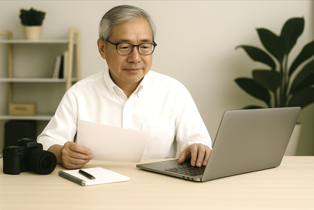 중년의 남자가 ChatGPT AI를 이용해 유튜브 채널 기획 중이다. 노트북과 카메라, 노트.