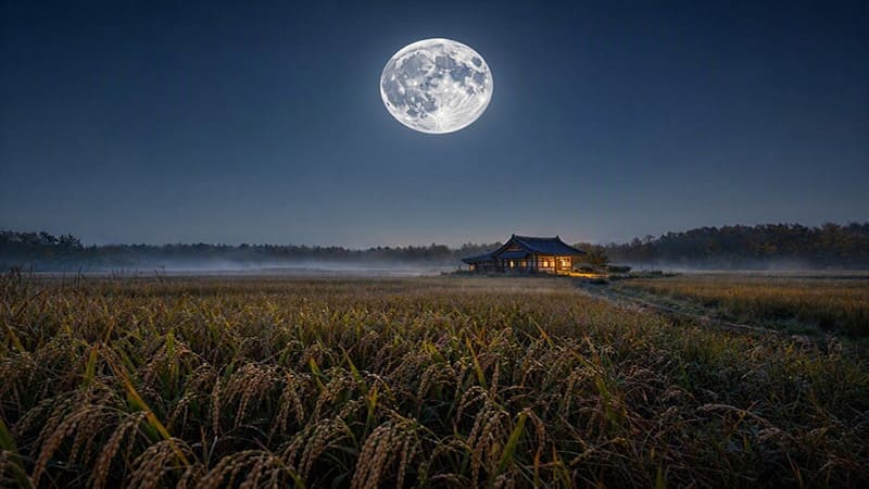 <img src=”chuseok-hangawi-full-moon.jpg” alt=”ALT 설명:한가위 밤하늘에 떠오른 둥근 보름달과 가을 들판의 풍경”>