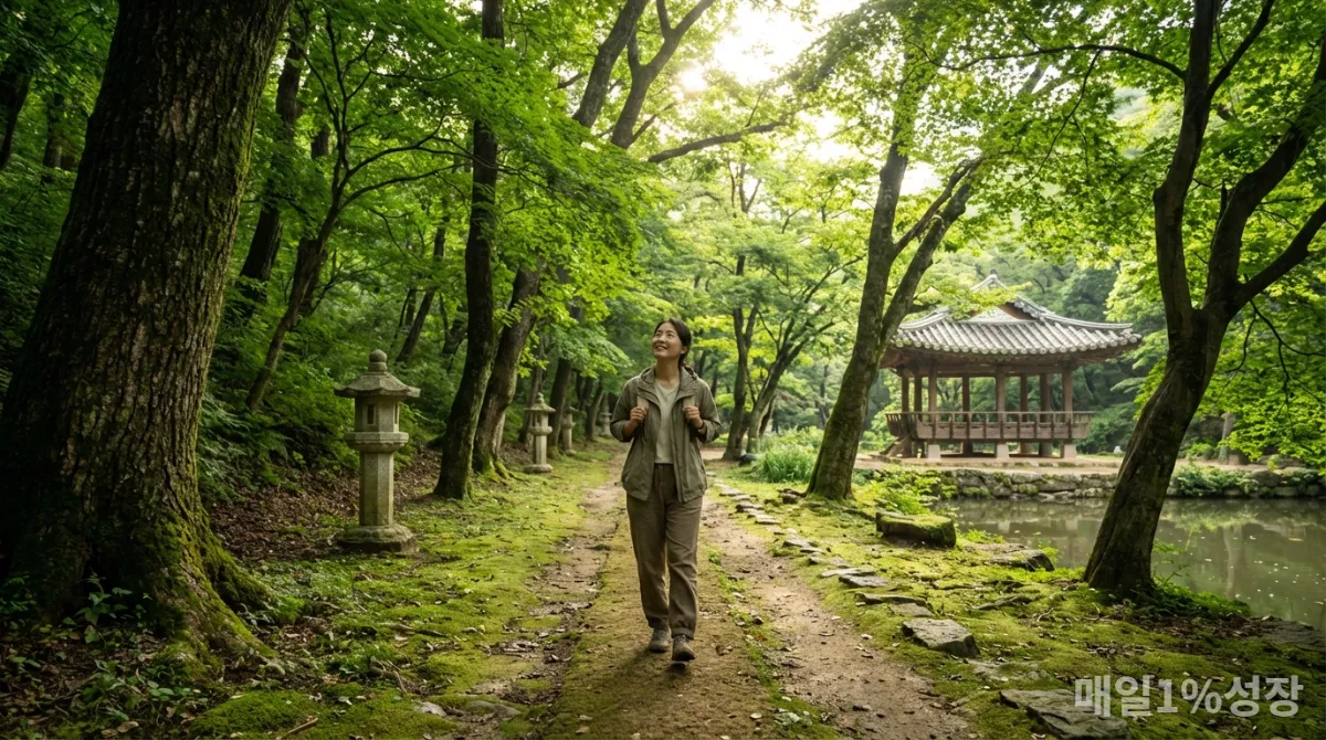 디지털 디톡스를 위해 자연 속을 산책하는 한국인