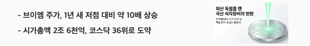 ‘브이엠 주가, 1년 새 저점 대비 약 10배 상승’이라는 문구가 포함된 웹배너 이미지. 이 이미지는 브이엠 주가의 중장기 상승세와 코스닥 36위 시가총액 규모를 시각적으로 전달하며, 블로그의 브이엠 주가 전망 분석과 관련된 내용을 설명함
