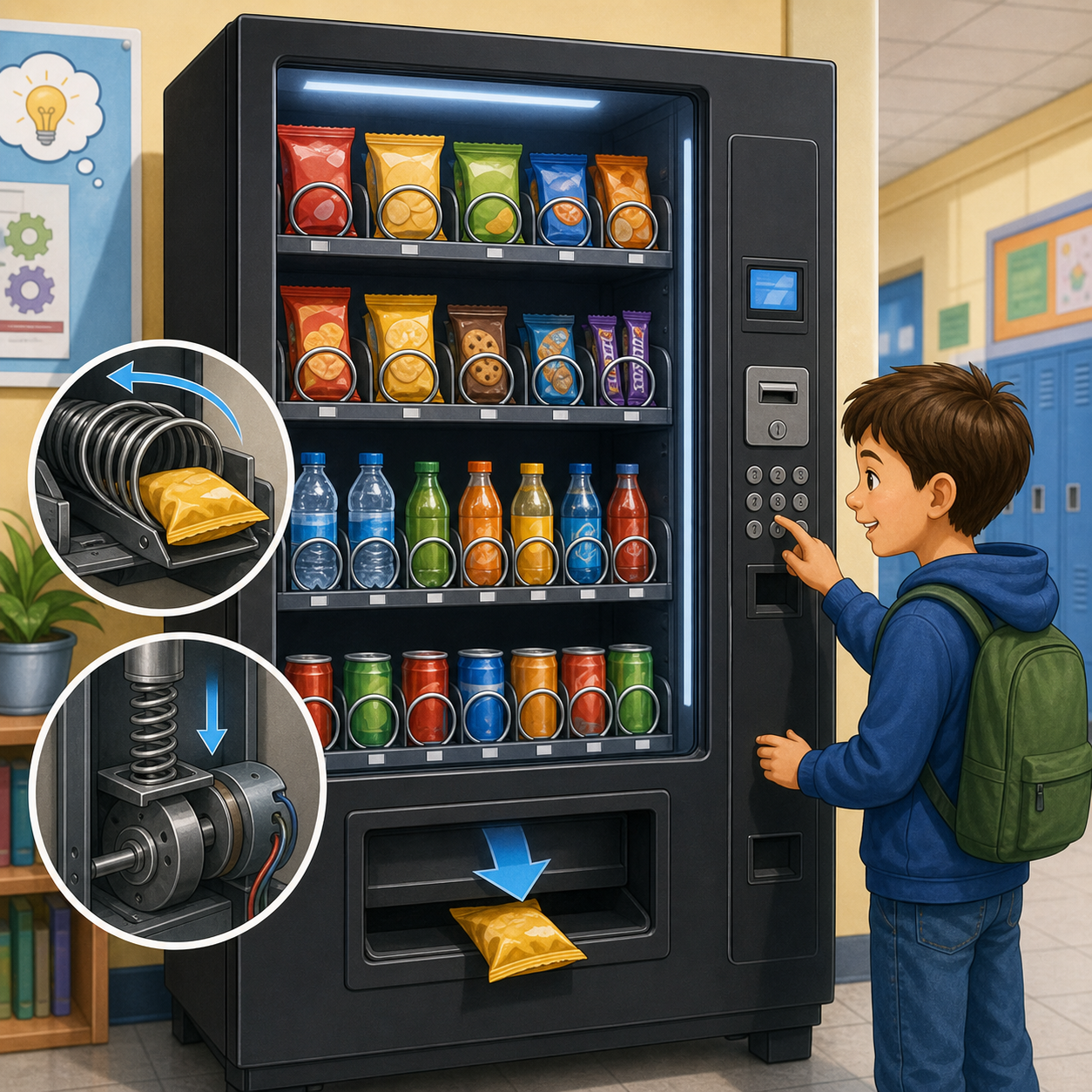 Educational illustration of a vending machine dispensing a snack after a button is pressed