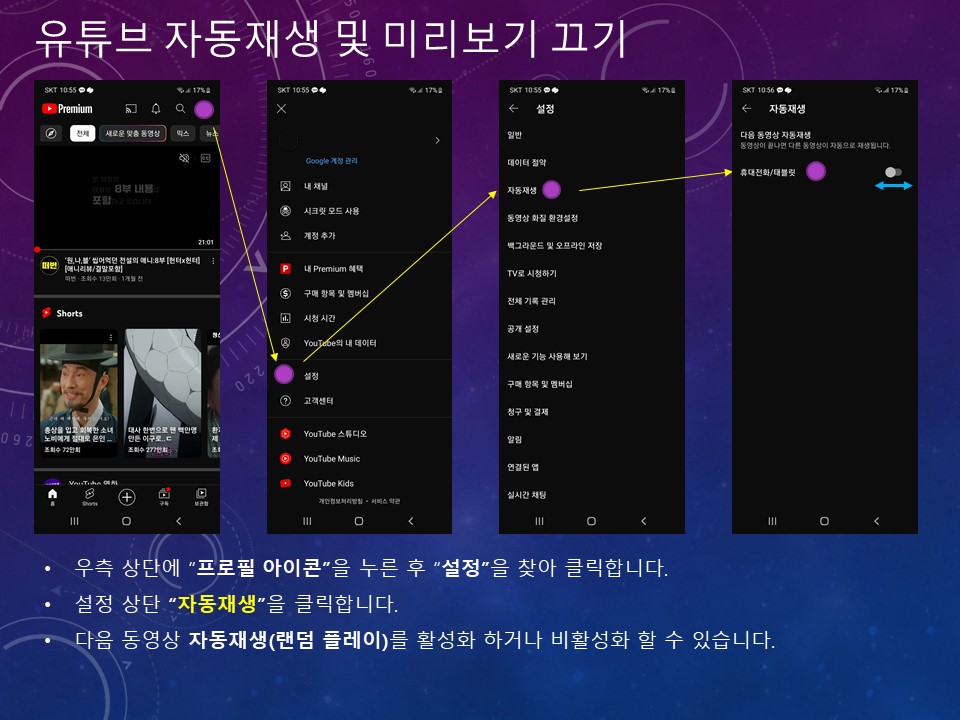 유튜브 자동 재생 및 미리보고 끄기 방법을 기술한 설명 이미지입니다.
