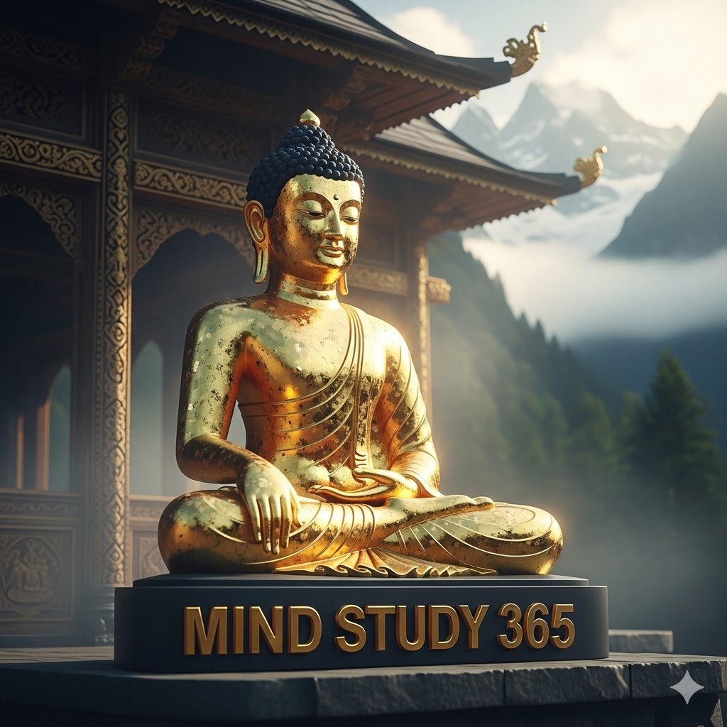 A serene golden Buddha statue in a misty Swiss mountain temple with 'Mind Study 365' gold lettering.