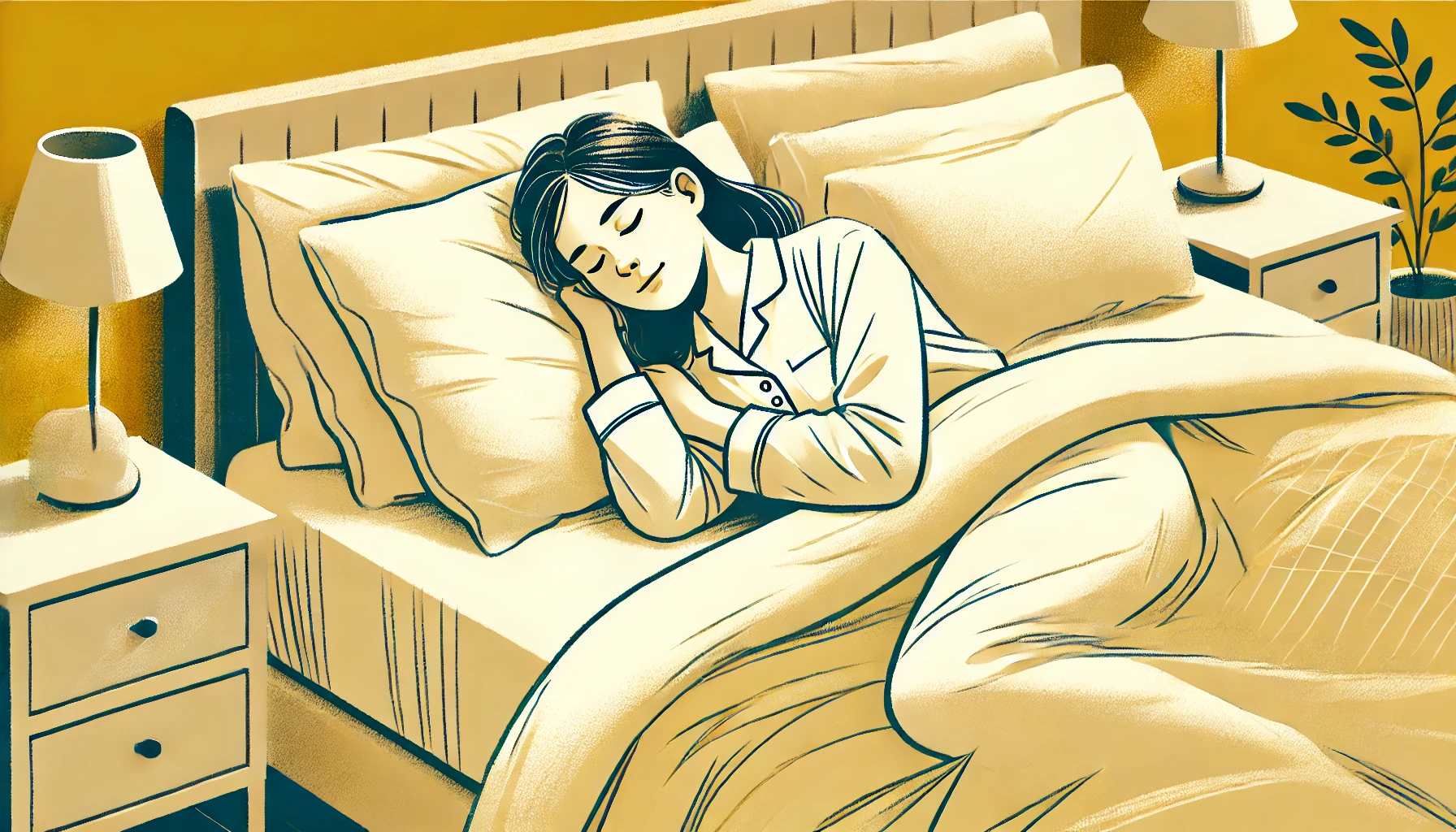 침대위에 누워 잠을 자고 있는 여성 따뜻한 분위기