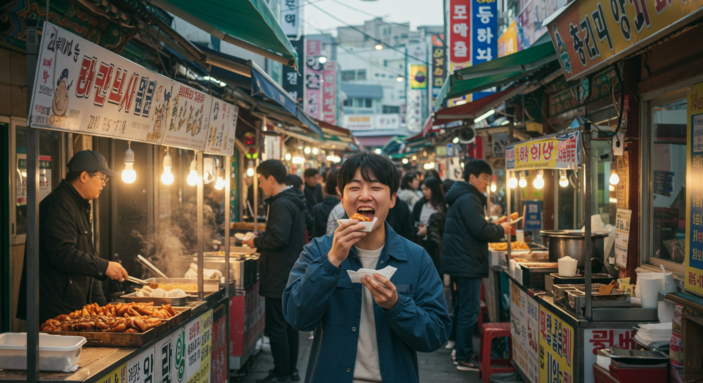 강릉 중앙시장에서 초당두부나 모듬전을 먹는 한국인.