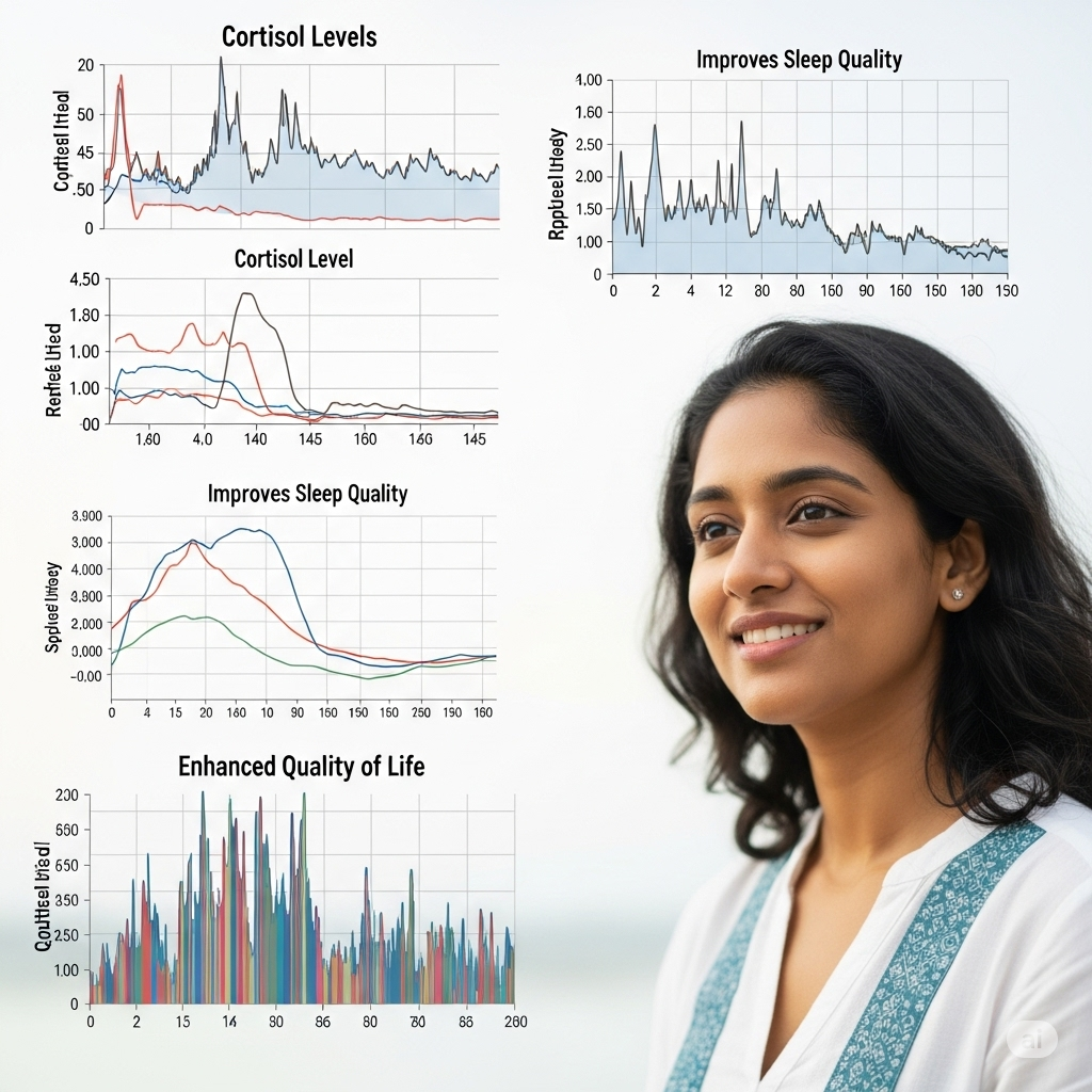 코르티솔 수치 유의미한 감소, PSQI 점수 향상, MBI 점수 향상 등 구체적이고 전문적인 지표