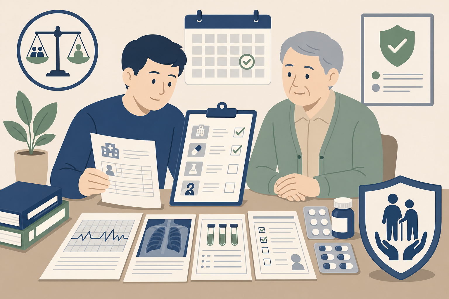 간병보험 가입나이보다 병력 고지와 최근 치료 이력이 심사에 더 중요할 수 있음을 의료기록과 체크표로 보여주는 이미지