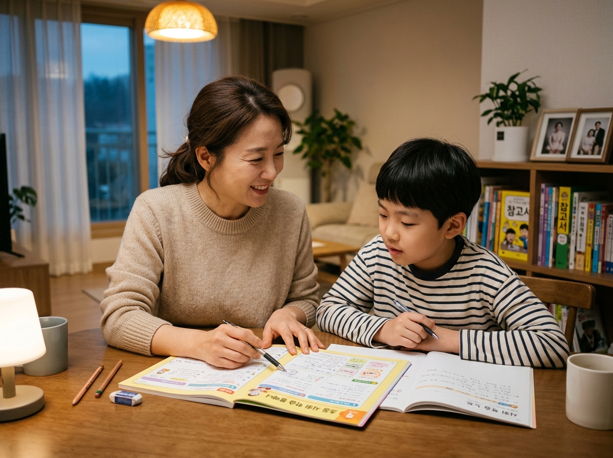 학부모가 자녀의 사회 학습 플래너를 점검하며 지도하는 모습