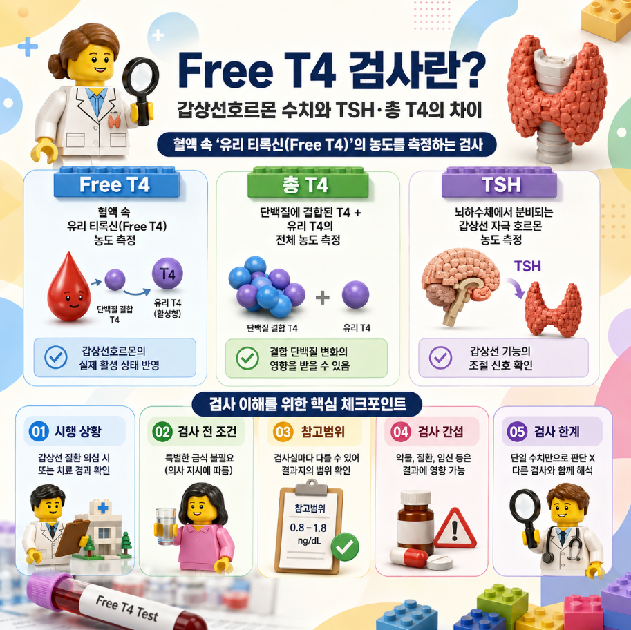 레고 스타일로 표현한 Free T4 검사와 TSH·총 T4 차이를 설명하는 갑상선기능 혈액검사 인포그래픽