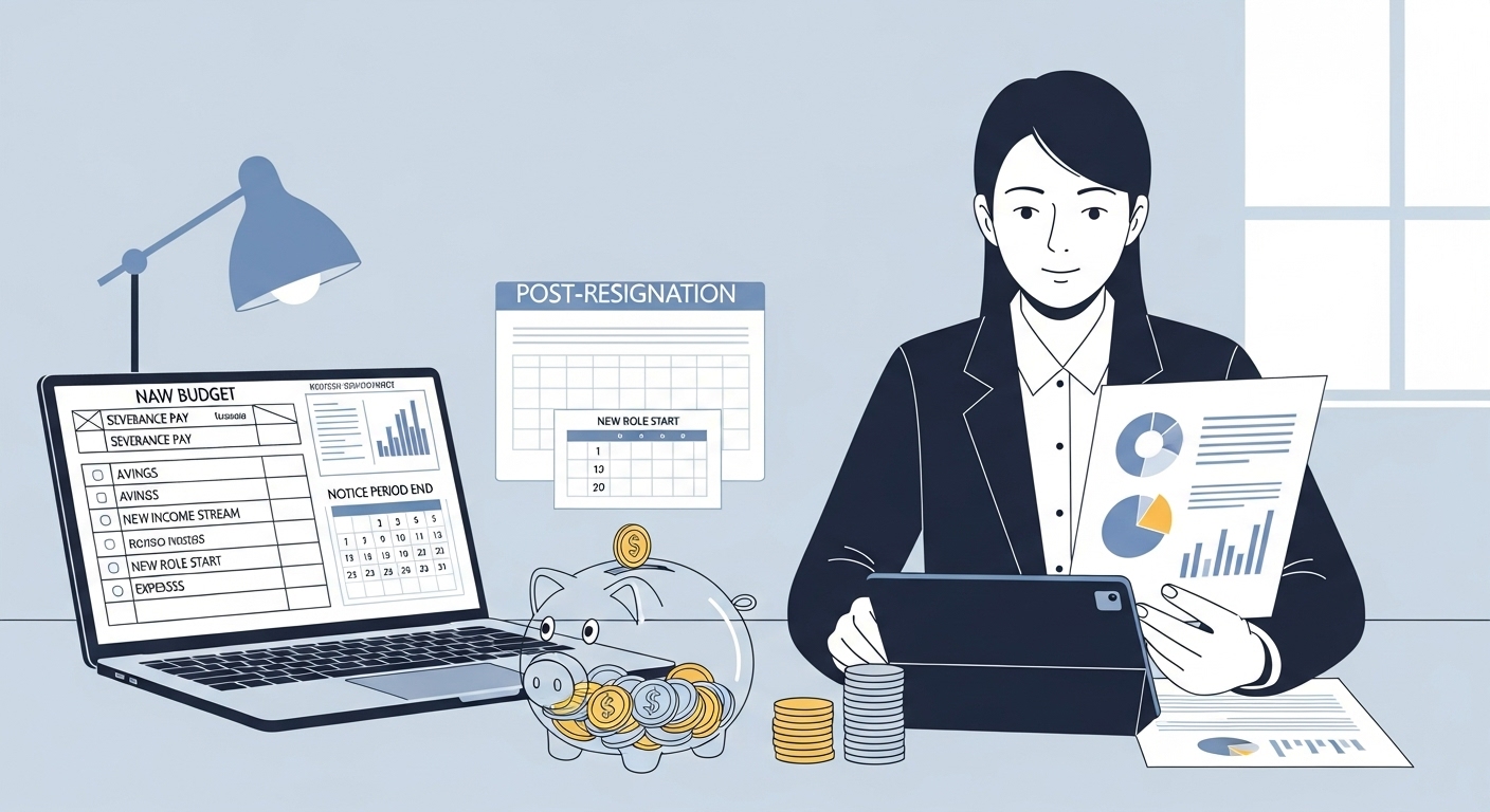 퇴사 후 재정 계획을 세우는 모습. 달력, 예산표, 저금통, 동전 등이 깔끔하게 배치되어 있다.