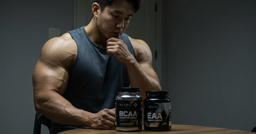 방안에서 BCAA와 EAA를 고민하고 있는 남성 이미지