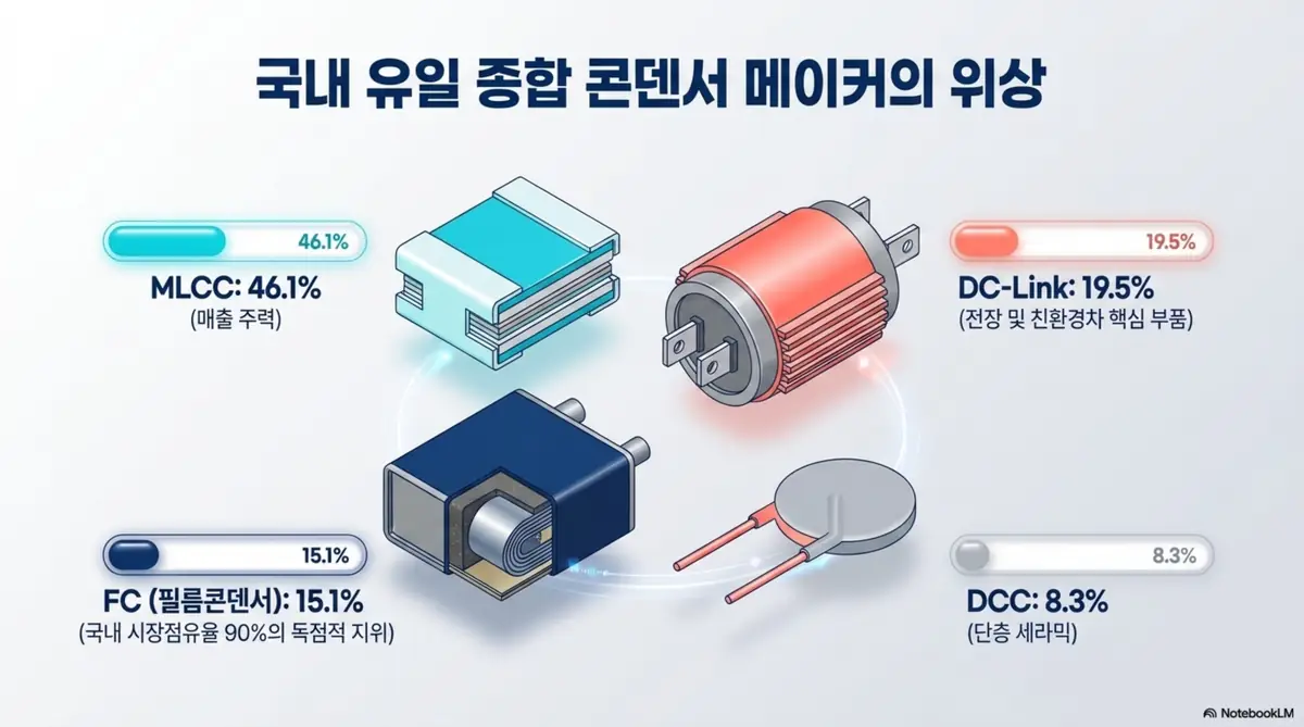 삼화콘덴서 주가 전망: 국내 유일 종합 콘덴서 메이커 삼화콘덴서의 제품별 매출 비중 인포그래픽. MLCC 46.1%, DC-Link 19.5%, 필름콘덴서 15.1%, DCC 8.3%로 구성되며, 필름콘덴서 국내 점유율 90% 독점 등 삼화콘덴서 사업 구조를 시각적으로 설명함