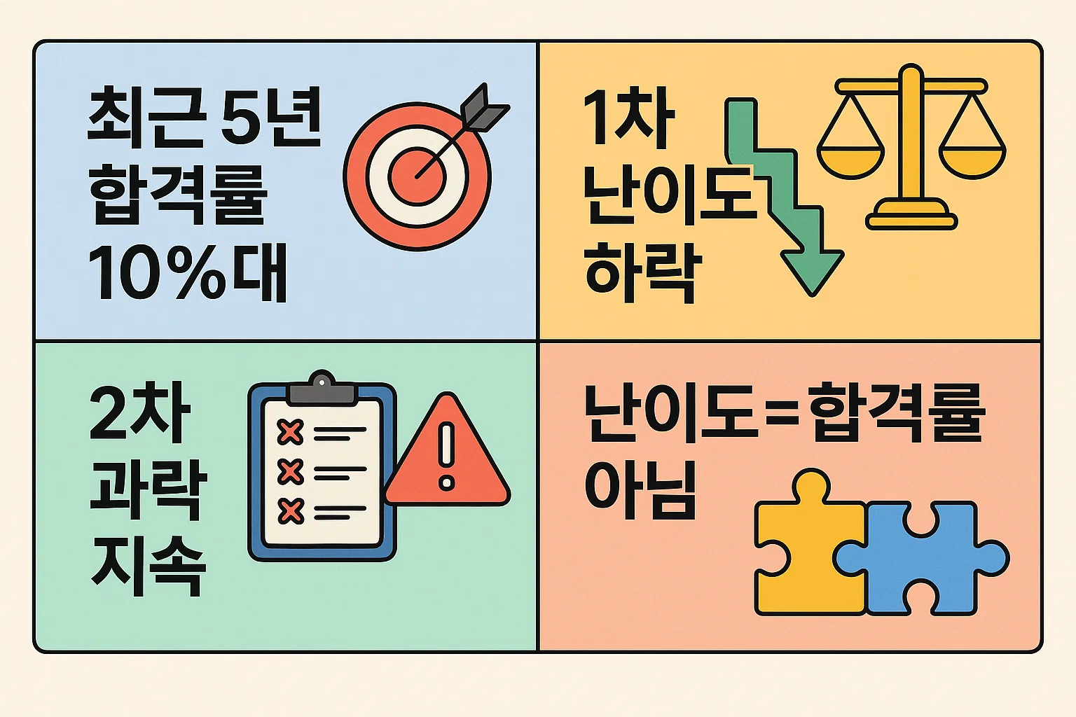 최근 5년 공인중개사시험 합격률 추이, 1차·2차 난이도 변화, 과락 지속 등 핵심 데이터를 정리한 분석용 인포그래픽 이미지