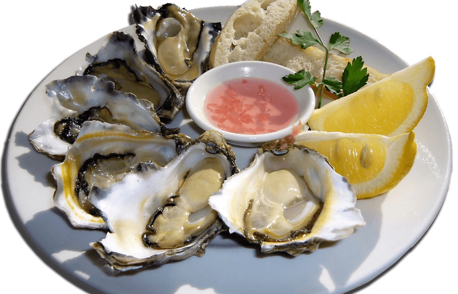 굴의 효능 생 굴이 레몬과 함께 접시에 담겨 있다