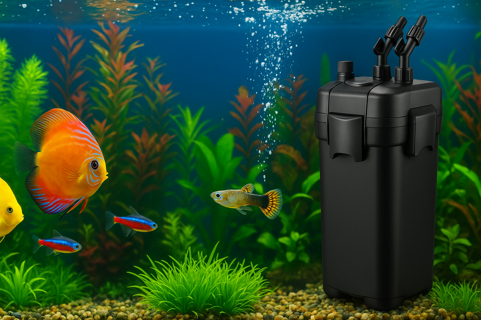 물고기와 식물이 어우러진 열대어 수조 안에 다양한 종류의 여과기(스펀지 여과기, 외부 여과기, 걸이식 여과기 등)가 함께 배치되어 있고, 각각의 여과기에는 명확한 라벨이 붙어 있어 초보자도 쉽게 구분할 수 있는 모습.