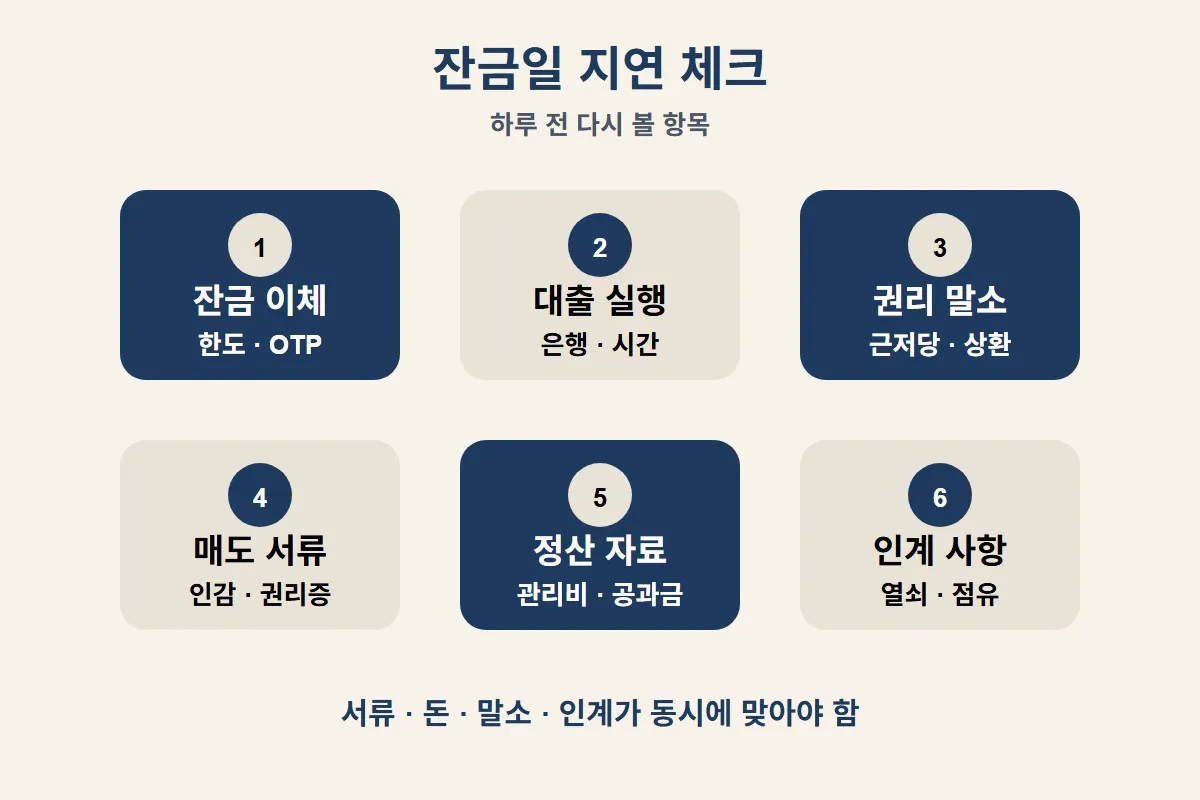 부동산 매매시 필요서류 중 잔금일 지연을 막기 위해 이체 한도와 대출 실행 권리 말소 등을 확인하도록 정리한 이미지