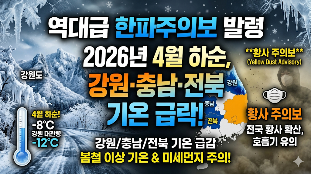 한파특보 발령: 2026년 4월 하순 역대급 한파주의보, 강원&middot;충남&middot;전북 기온 급락 및 황사 주의보