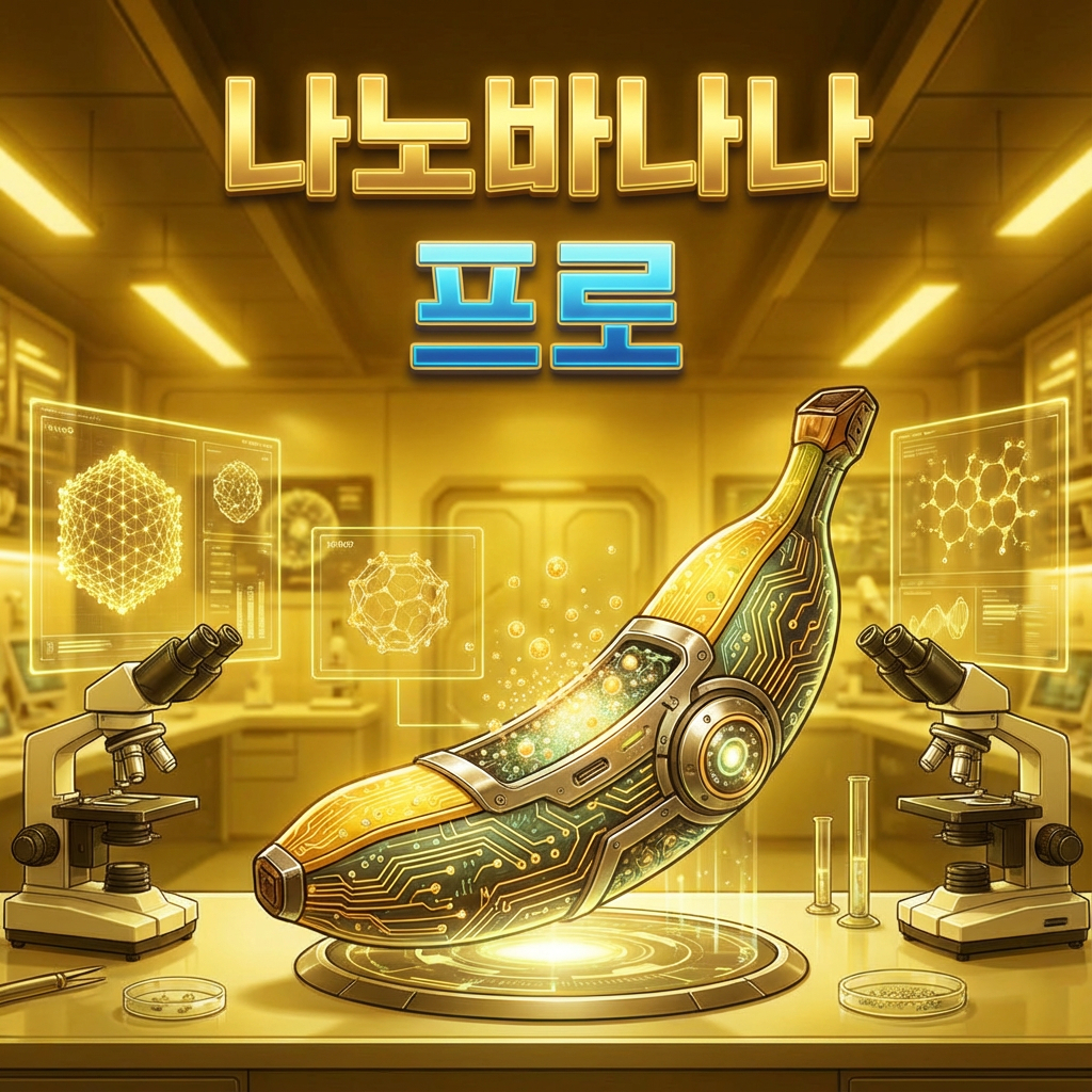 구글 나노바나나 프로 AI 이미지 생성 도구 - 미래적인 기술 연구실에서 회로 패턴이 그려진 황금빛 바나나와 디지털 네트워크를 표현한 썸네일 이미지 via Nano Banana