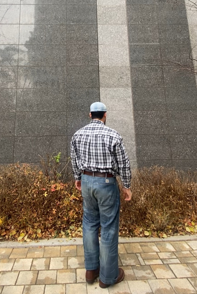 데일리룩('25. 11. 25.)유니버셜케미스트리 데님워싱 베레모 헌팅캡, 스탠다드에러 미스티 포켓 체크셔츠, 레드윙 아이언레인저 앰버하니스, 폴로랄프로렌 빈티지 워싱 청바지 팬츠