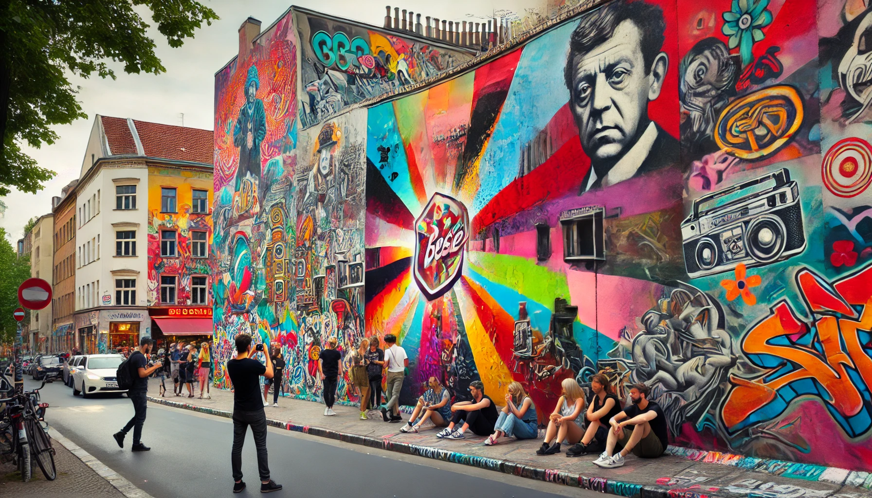 화려한 그래피티 벽 앞에서 사진 찍는 사람들, 감각적인 거리 예술이 가득한 모습