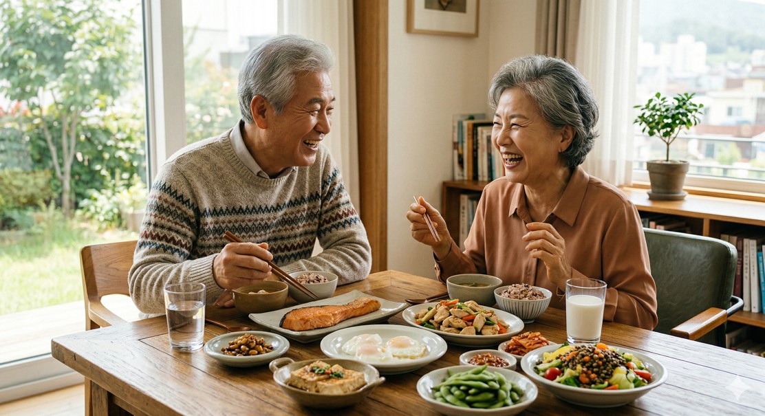 건강한 노년 부부가 식탁에서 단백질이 풍부한 식사를 하며 즐겁게 웃고 있는 장면