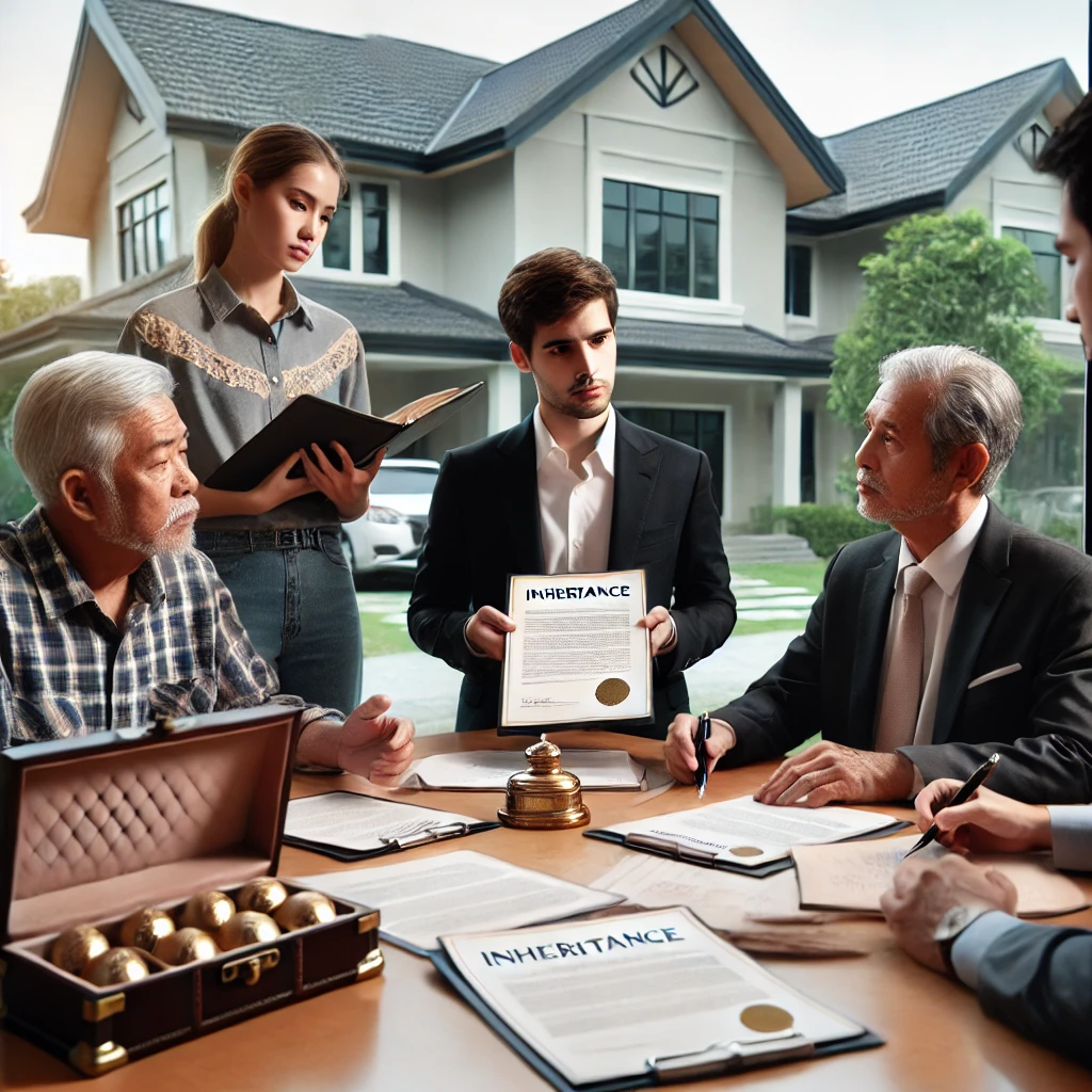 상속 재산 앞에서 상속인들이 상속등기 서류를 검토하는 모습