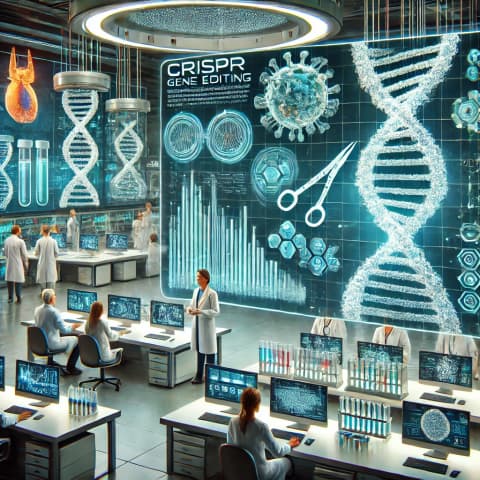 유전자 편집(크리스퍼 가위) 과정을 시각화한 인포그래픽
바이오 연구소에서 실험 중인 유전자 샘플 및 장비 사진
의료 현장에서 유전자 치료 상담 장면
연구원들이 유전자 분석 데이터를 검토하며 논의하는 모습