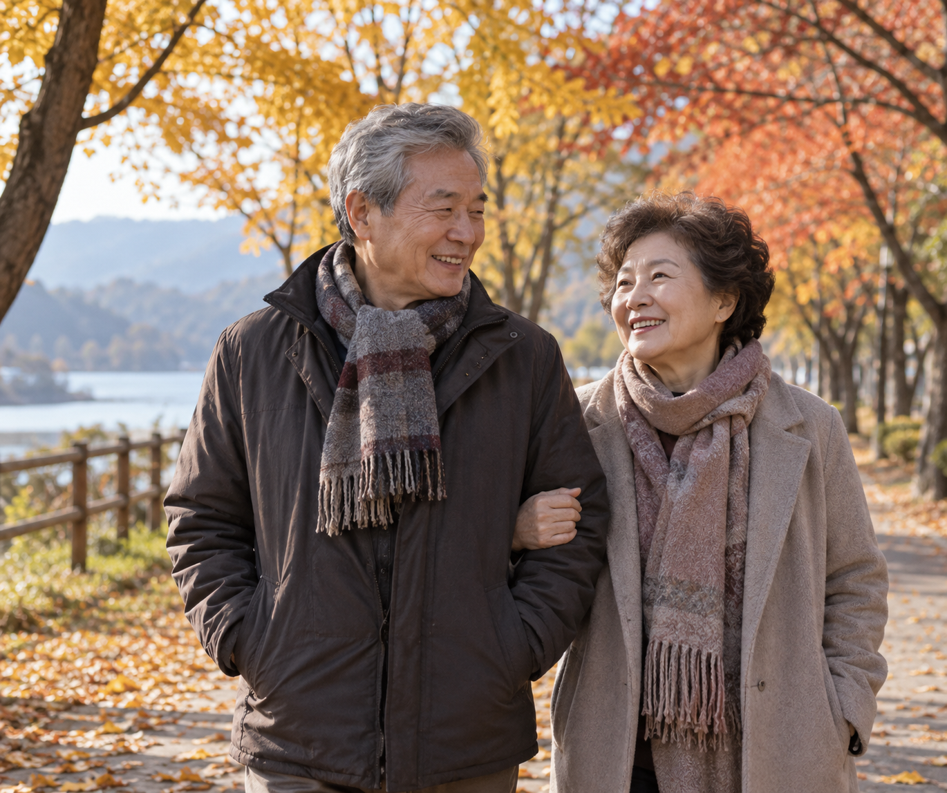 가을 겉옷을 입고 산책하는 노부부