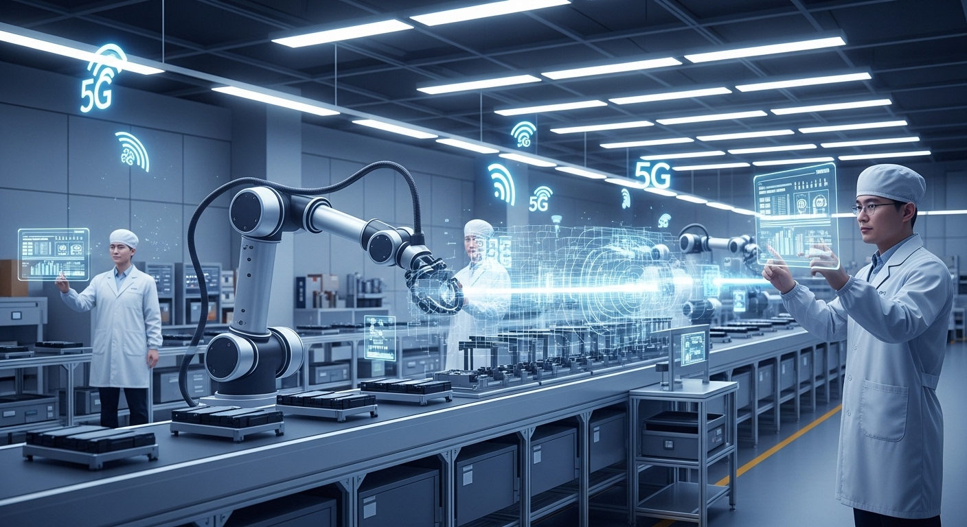 smart factory with autonomous robotic arms assembling electronics on a clean production line