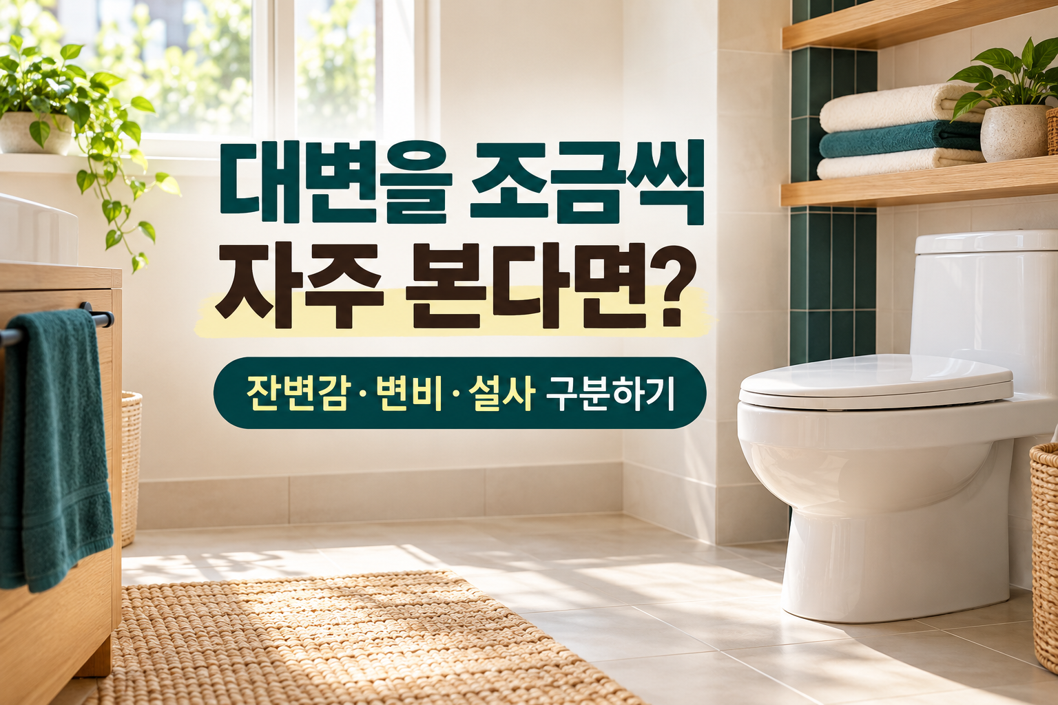 뚜껑을 닫은 변기와 수건, 화분이 놓인 밝은 욕실