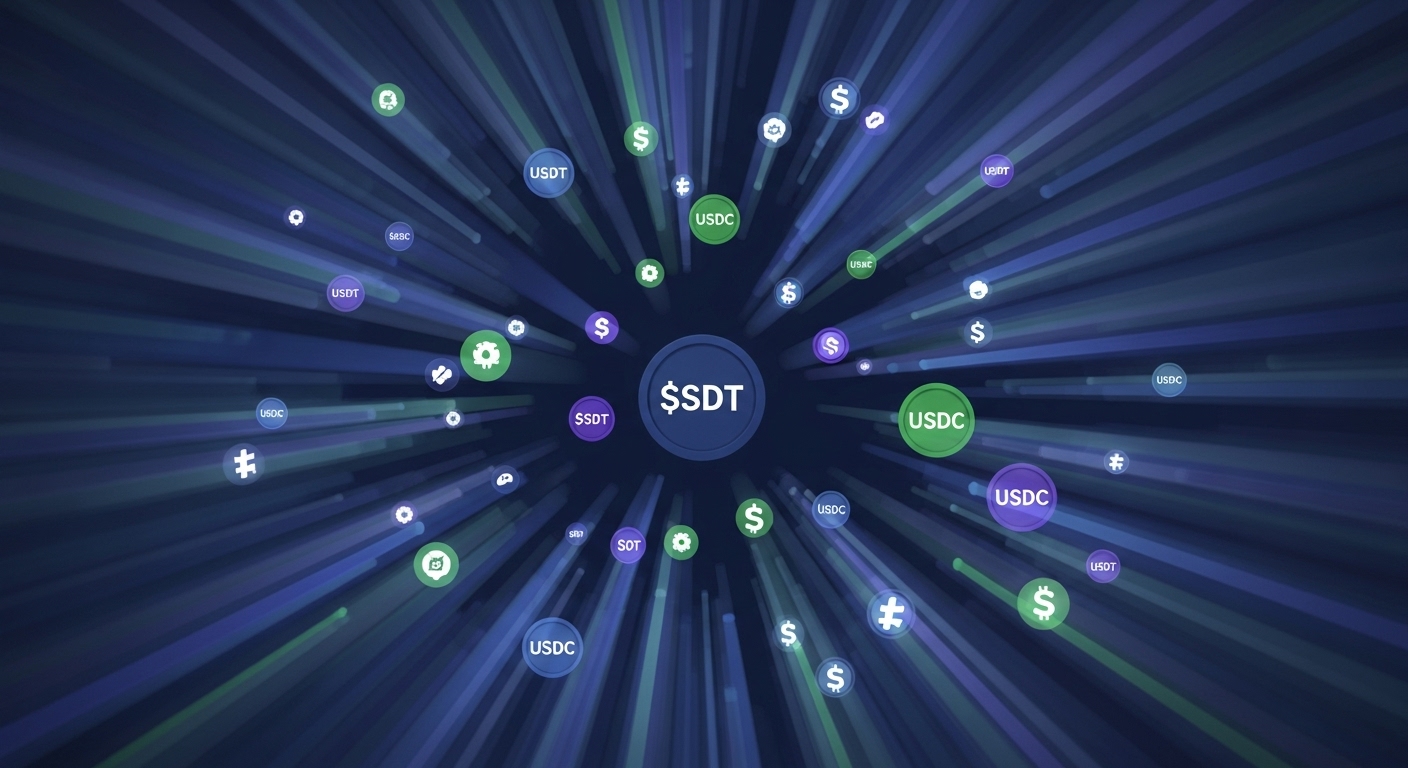 테더(USDT)와 USDC 등 다양한 달러 스테이블 코인들이 디파이, NFT, 메타버스 등 블록체인 생태계 전반에서 유연하게 활용되는 모습을 추상적으로 표현한 이미지.