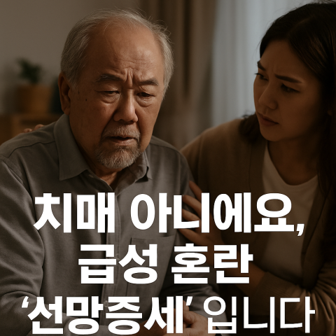 혼란스러워 보이는 노인과 걱정하는 가족의 모습